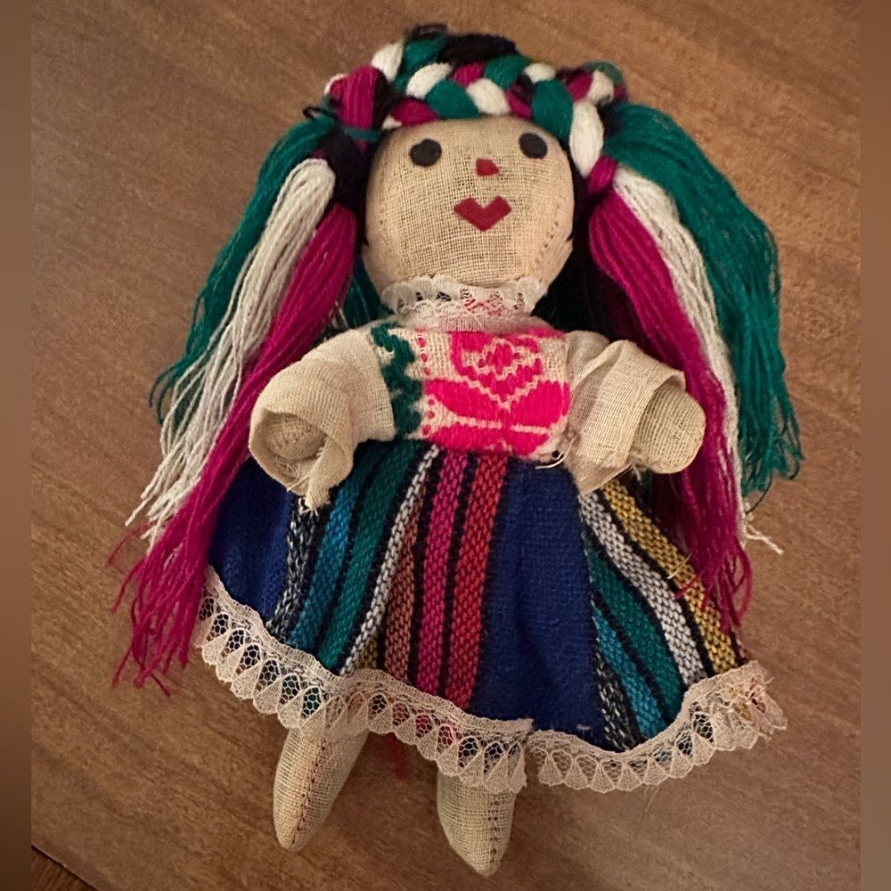 Vintage Mexican Handmade Traditional Rag Doll Embroidered Tall Folk Art